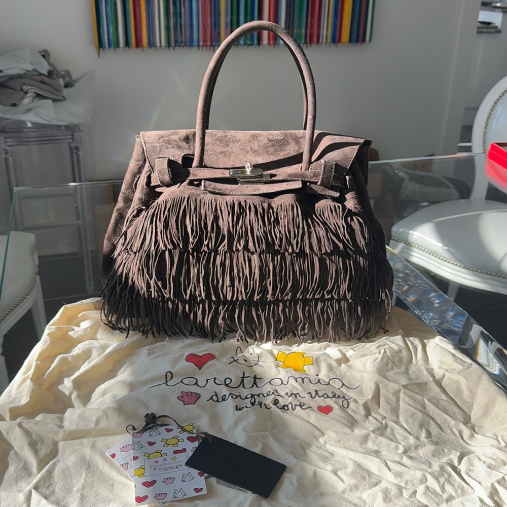 Brown Suede 35mm Fringe Bag by Larettamia